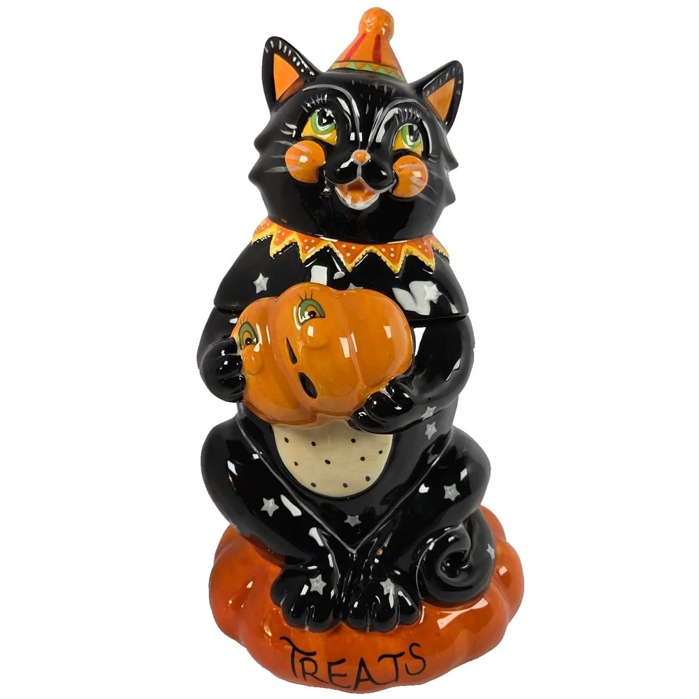 Blue Sky Halloween Black Cat Treat Jar 13 Inch Ceramic Pumpkin Cookie Jar 2025